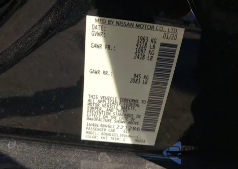 2020 Nissan Altima S Fwd z USA, uszkodzony, nr VIN 1N4BL4BV6LC221286